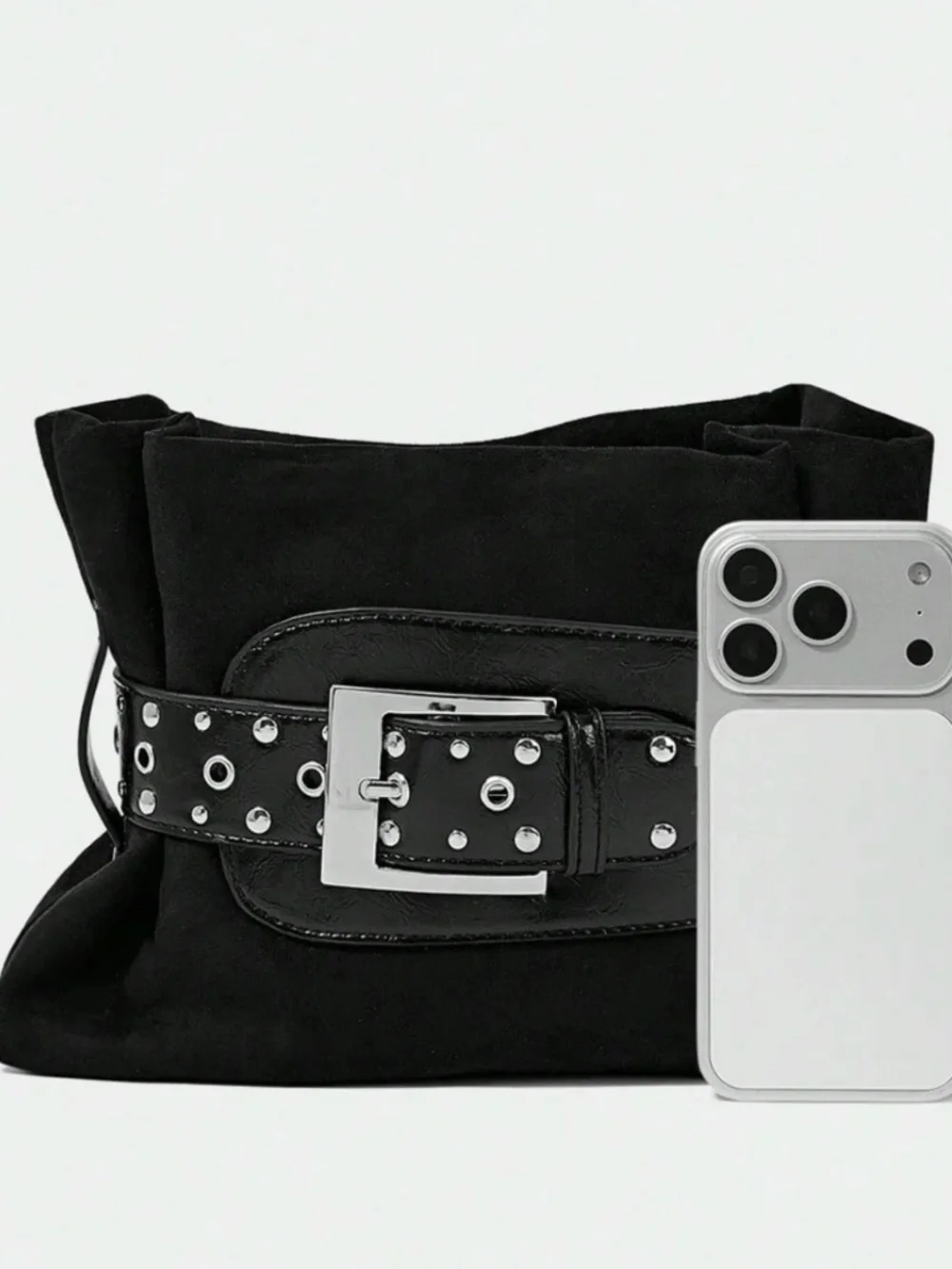 Luxe Vegan Suede Studded Belted Small Clutch Bag